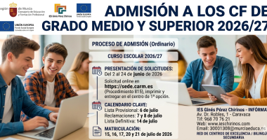 Comienza el proceso de admisión para los CF de Grado Medio y Superior para el curso 2026/27